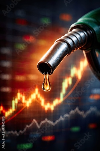 Oil price increase concept with fuel nozzle dripping and stock market chart, energy inflation background