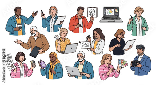 Creative graphic designers and digital artists working with drawing tablets and color swatches