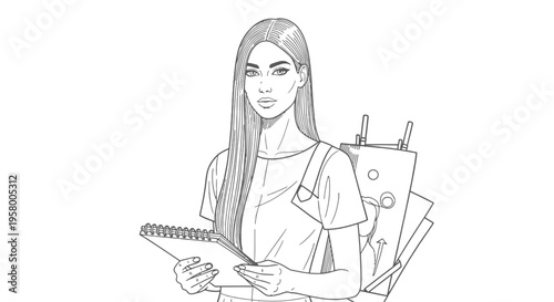 Black and white line art illustration of a woman artist with sketchbook and easel