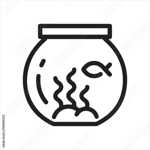 Thin Outline Icon Fish Home Aquarium, Fishbowl With Fish and Algae. Such Line Sign as Pet Supplies Pets Accessories. Vector Isolated Pictograms on White Background Editable Stroke.