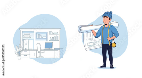 Architect or interior designer with blueprints and home office workspace setup