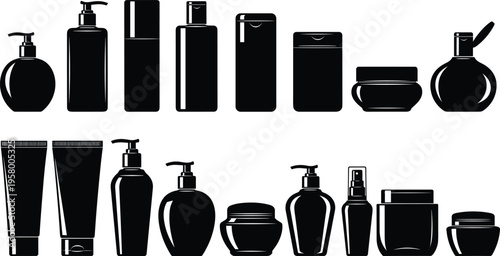 Silhouette icons of cosmetic and personal care product containers including bottles, jars, tubes, and spray packaging for beauty industry design