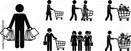 Silhouette icons of people shopping with carts and bags representing consumer behavior, retail activities, teamwork, and business concepts
