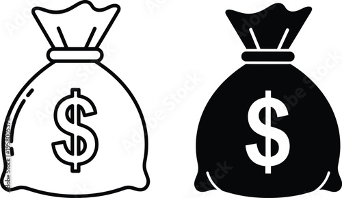 Silhouette icons of two money bags with dollar signs representing finance, savings, wealth, banking, investment, and monetary concepts