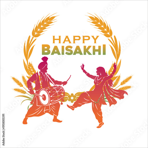 Happy baisakhi indian festival punjabi couple dance and celebrate on background.
