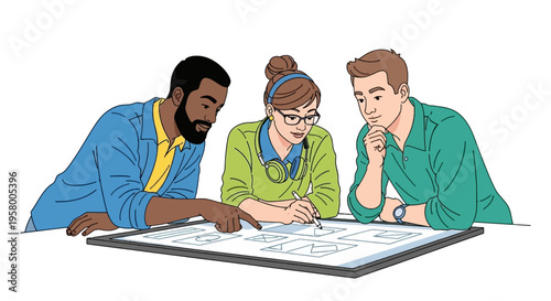 Design team collaborating on UI/UX wireframes and branding project in modern office