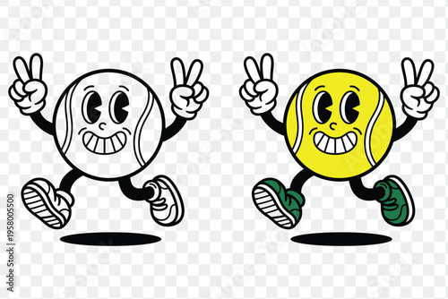 Cartoon tennis balls with peace signs and smiling faces jumping high in air