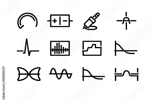 A collection of twelve minimalist black line icons representing audio