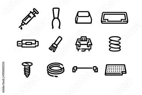A set of twelve minimalist line icons representing mechanical