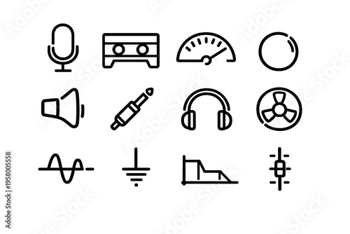 A collection of twelve minimalist black line icons representing audio