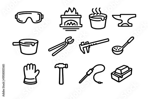 A collection of twelve minimalist black line icons representing