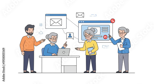 Diverse team collaborating on a digital project in an office setting.