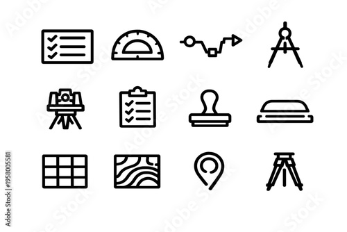This set of twelve minimalist black line icons features land