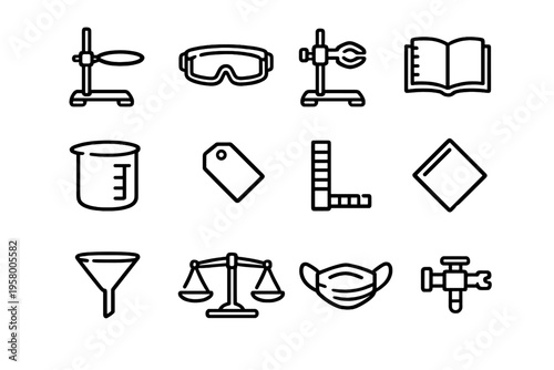 A collection of twelve minimalist black line icons representing