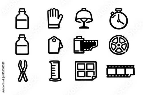 A collection of twelve minimalist black line icons representing