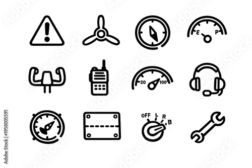 A collection of twelve minimalist black line icons related to