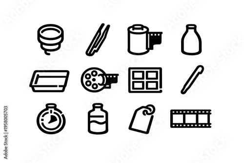 A set of twelve minimalist line icons representing analog film