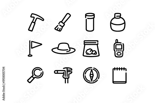 A collection of twelve minimalist black line icons representing