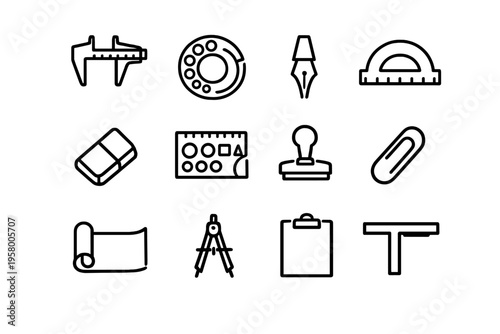 A collection of twelve minimalist black line icons representing