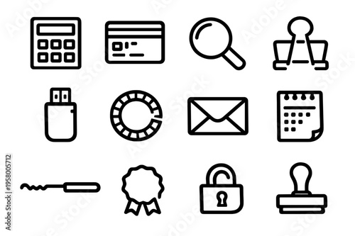 A set of twelve minimalist office and business line icons on a white