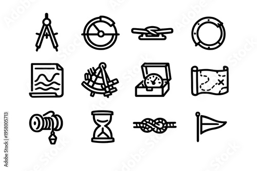 A set of twelve black and white line art icons representing nautical