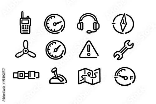 A collection of twelve minimalist black line icons representing