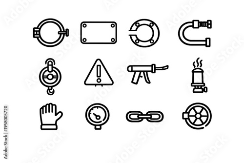 A collection of twelve minimalist line art icons depicting industrial