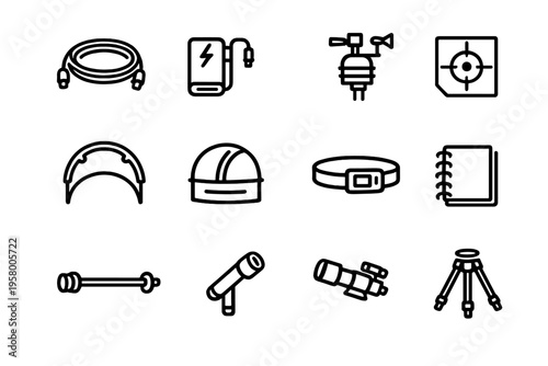 A collection of twelve black and white line icons representing