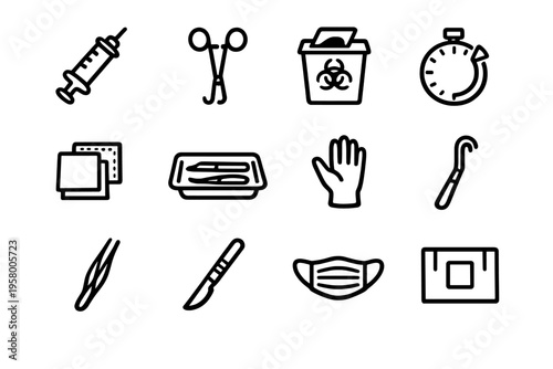 A collection of twelve minimalist black and white line icons
