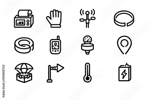A set of twelve minimalist line icons representing logistics, weather