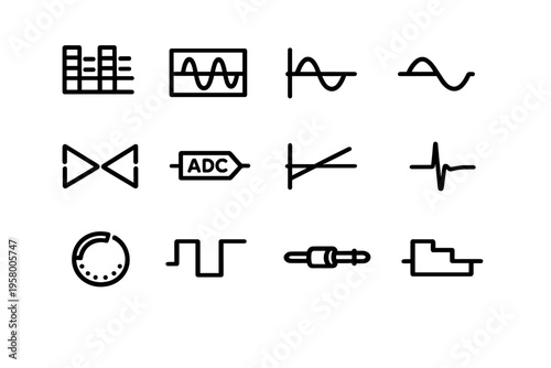 A collection of twelve minimalist line icons representing electronic