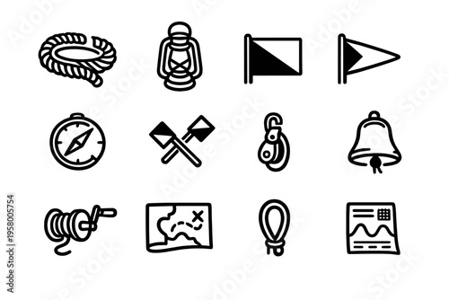 A collection of twelve hand-drawn nautical icons in a black and white