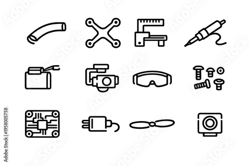 A collection of twelve minimalist line icons representing drone