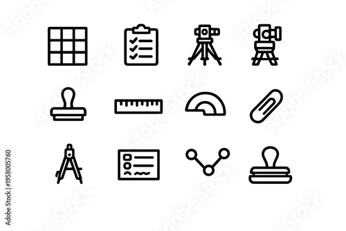 A collection of twelve minimalist black line icons on a white