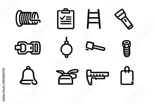 A collection of twelve minimalist black line icons on a white