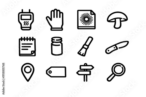 A collection of twelve black and white line icons for mushroom