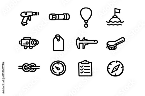 This set of twelve minimalist black and white line icons features