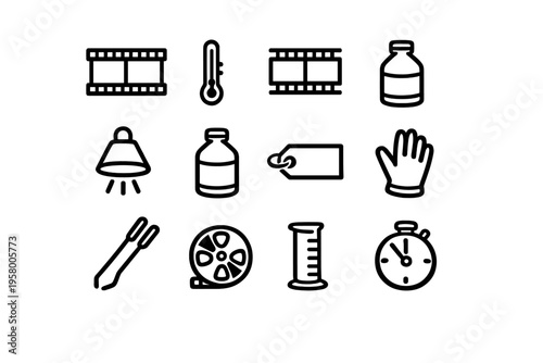 A collection of twelve black and white line icons representing