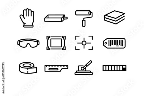 A set of twelve minimalist line icons representing various tools and