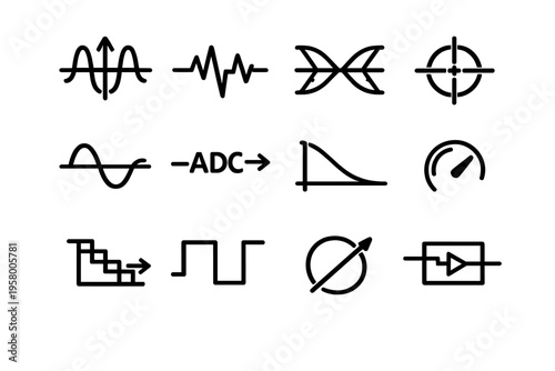 A collection of twelve black line icons representing electronic
