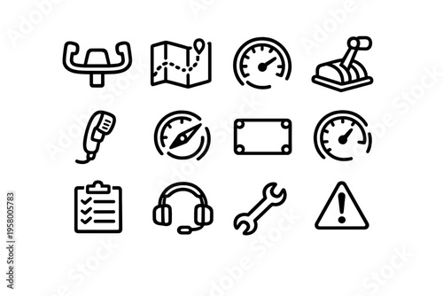 A collection of twelve minimalist black and white line icons