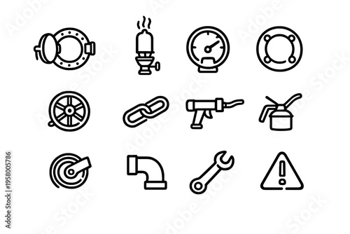 A set of twelve black line icons representing industrial and