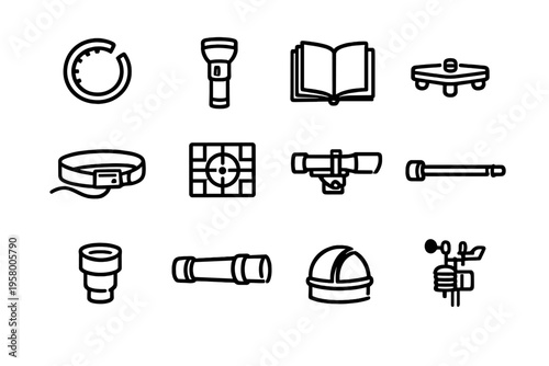 A collection of twelve minimalist black and white line icons