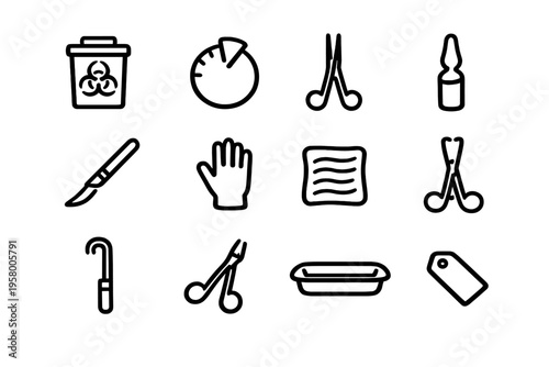 A collection of twelve minimalist black line icons representing