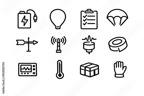 A collection of twelve minimalist black line icons representing