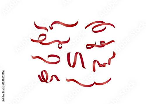 Collection of red party streamers and ribbons isolated on white background, festive decoration elements for celebrations, abstract graphic shapes, graphic resource