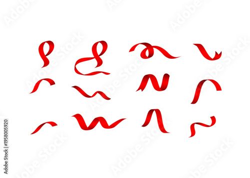 Set of red curling ribbons and streamers isolated on white background, decorative elements for parties and events, abstract flowing shapes, graphic resource
