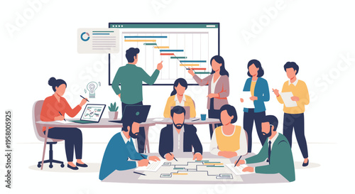 Diverse team collaborating on a project timeline.