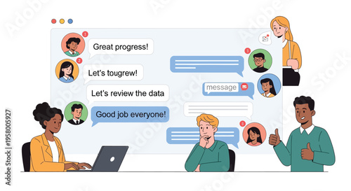 Diverse team collaborating on a project using digital communication tools.
