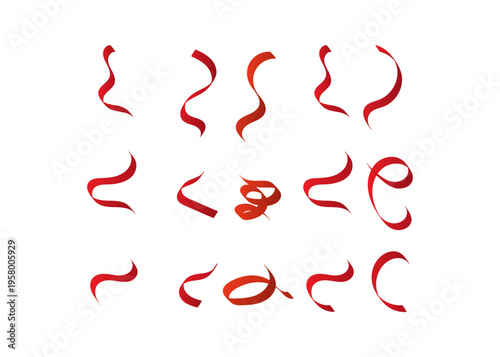 Various red ribbons and streamers, isolated on white, festive decoration for celebrations, abstract graphic elements for party design, graphic resource